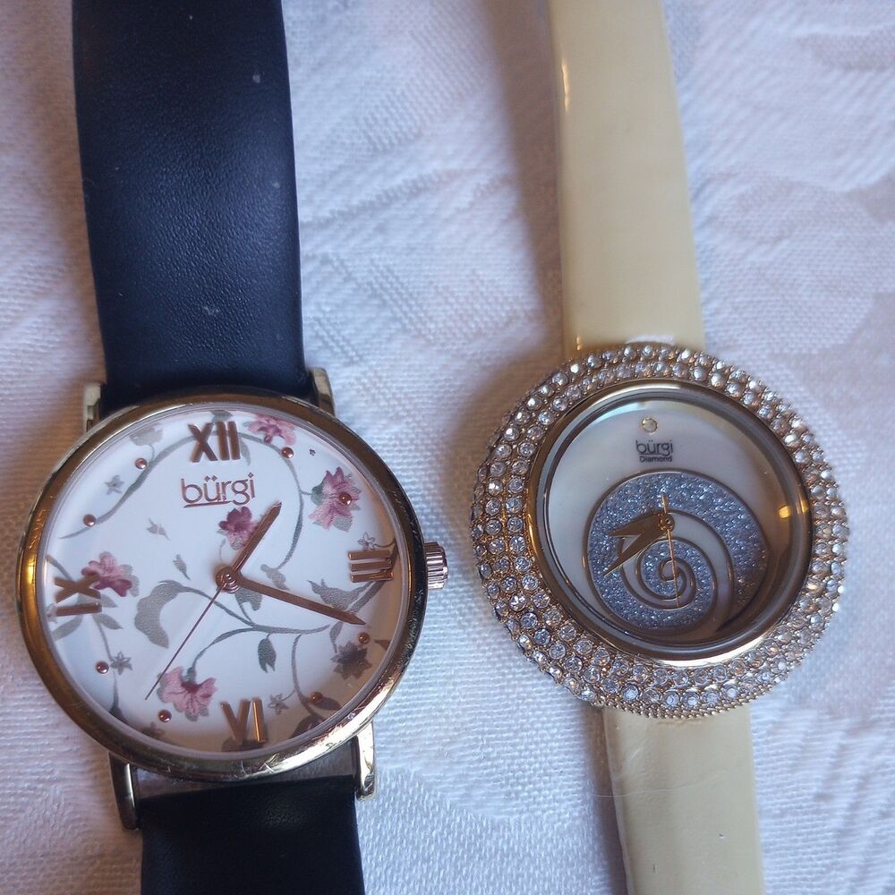 LOT Women's Burgi BUR186BK Floral GoldTone Black Crystal Swirl cream READ
